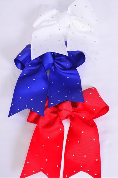 Hair Bow Extra Jumbo Long Tail Cheer Type Bow 4th of July Patriotic Clear Stone Studded Grosgrain Bow-tie / 12 pcs Bow = Dozen Alligator Clip , Size-6.5"x 6" Wide , 4 of each color Asst , Clip Strip & UPC Code