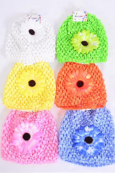Kufi Hat Knitted Beanie Stretch 2 tone Daisy flower Multi / 12 pcs = Dozen Stretch , Flower Size-3.25" Wide , 2 Pink , 2 Beige , 2 Yellow , 2 Blue , 2 Apple Green , 2 Orange Mix , Hang tag & UPC Code , Clear Box
