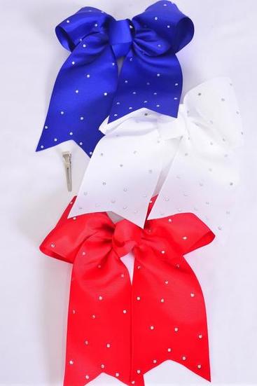 Hair Bow Extra Jumbo Long Tail Cheer Type Bow 4th of July Patriotic Clear Stone Studded Grosgrain Bow-tie Red White Blue Mix/DZ **Alligator Clip** Size-6.5"x 6" Wide,4 Red,4 White,4 Royal Blue Color Asst,Clip Strip & UPC Code