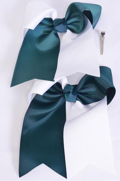 Hair Bow Extra Jumbo Long Tail Cheer Type Bow 2-tone Hunter Spruce Mix Grosgrain Bow-tie /  12 pcs Bow = Dozen  Alligator Clip , Size-6.5" x 6" , 6 Hunter Green , 6 Spruce Color Asst , Clip Strip & UPC Code