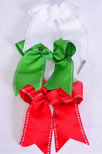 Hair Bow Extra Jumbo Long Tail Cheer Bow Type Christmas Sequin Trim Grosgrain Bow-tie / 12 pcs Bow = Dozen  Alligator Clip , Size - 6.5" x 6" Wide , 4 of each Color Asst , Clip Strip & UPC Code