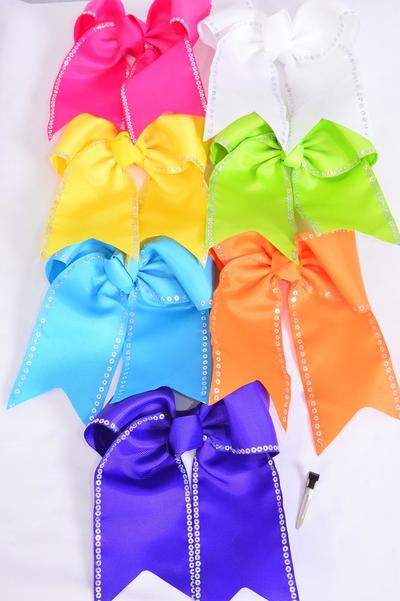 Hair Bow Extra Jumbo Long Tail Sequin CheerType Bow Grosgrain Bow-tie Citrus / 12 pcs Bow = Dozen Alligator Clip , Size - 6.5"x 6" Wide , 2 White , 2 Yellow , 2 Blue , 2 Fuchsia , 2 Purple , 1 Orange , 1 Lime Color Asst , Clip Strip & UPC Code