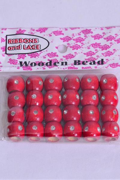 Wooden Beads 288 pcs 12 mm Wide Clear Stones / 12 Bag = Dozen Size -12 mm Wide , OPP Bag ,Choose Colors , 24 pcs per Bag , 12 Bag per Dozen