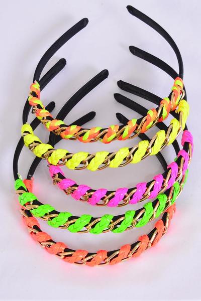 Headband Horseshoe Braid Gold Chain Neon Color Asst / 12 pcs = Dozen Neon , Size-0.5" Wide , 4 Multi ,2 Pink ,2 Yellow ,2 Lime , 2 Orange Color Asst , Hang Tag & OPP Bag & UPC Code