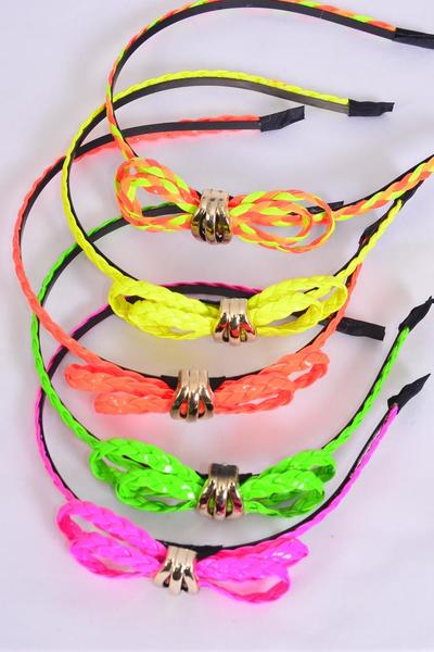 Headband Horseshoe Neon Braid Bow-tie Gold Accent / 12 pcs = Dozen Bow-tie Size- 3 x 1.25" ,4 Multi, 2 Pink ,2 Yellow ,2 Lime ,2 Orange , 5 Color Asst , Hang Tag & OPP Bag & UPC Code