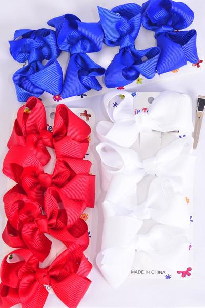 Hair Bows 48 pcs 4th of July Patriotic Grosgrain Bow-tie Red White Royal Blue Mix / 12 card = Dozen  Alligator Clip , Bow Size - 3" x 2" Wide , 4 of each Color Asst , 4 pcs per card , 12 card = Dozen