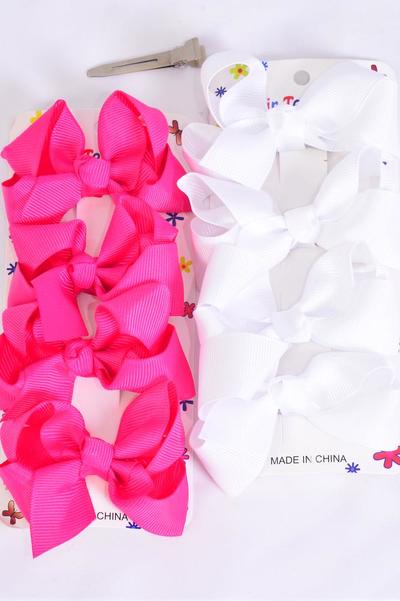 Hair Bows 48 pcs Grosgrain Bow-tie Fuchsia White Mix / 12 card = Dozen Alligator Clip , Bow Size-3"x 2" Wide , 6 of each Color Asst , 4 pcs per card , 12 card = Dozen