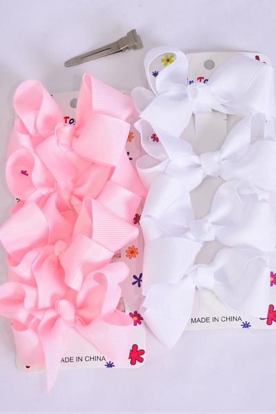 Hair Bows 48 pcs Grosgrain Bow-tie Baby Pink White Mix /  12 card = Dozen Alligator Clip , Bow Size - 3" x 2" Wide , 6 of each Color Asst , 4 pcs per card , 12 card = Dozen