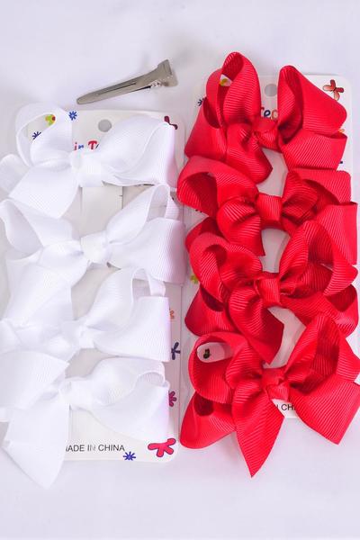 Hair Bows 48 pcs Grosgrain Bow-tie Red & White Mix / 12 card = Dozen Red  & White , Alligator Clip , Bow Size-3"x 2" Wide , 6 of each Color Asst ,4 pcs per card ,12 card = Dozen