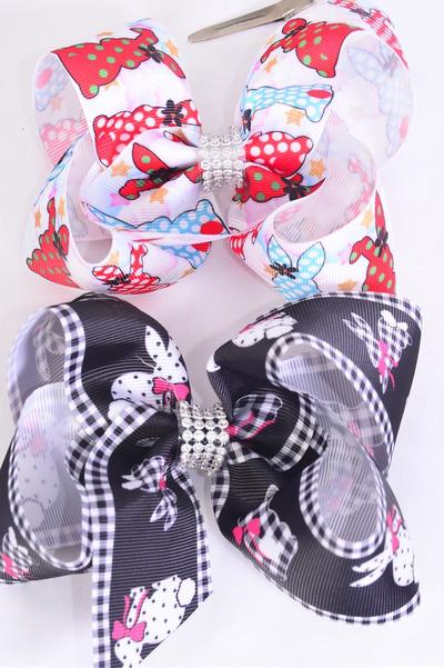 Hair Bow Jumbo Polka Dots Bunny Mix Grosgrain Bow-tie / 12 pcs Bow = Dozen Alligator Clip , Size - 6" x 5" Wide , 6 Of each Pattern Asst , Clip Strip and UPC Code