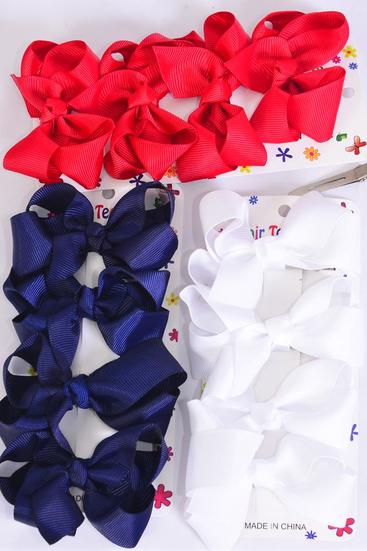 Hair Bows 48 pcs Grosgrain Bow-tie Red White Navy Mix /  12 card = Dozen Alligator Clip , Bow Size - 3" x 2" Wide , 4 of each Color Asst , 4 pcs per card , 12 card = Dozen