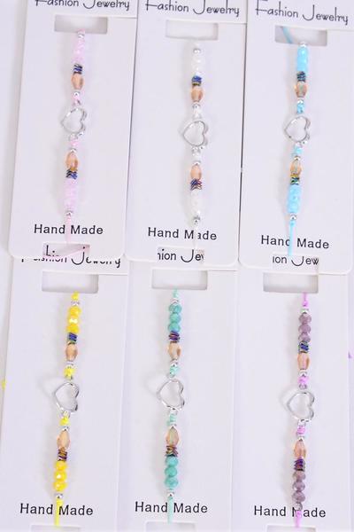 Bracelet Open Heart Asst Glass Crystal Multi/DZ Multi,Pull-String,Adjustable, 2 of each  Pattern Mix,Individual Hang tag & OPP Bag & UPC Code