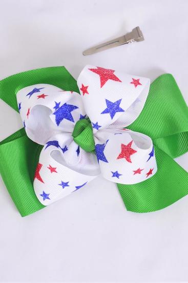 Hair Bow Jumbo Double Layered Stars Grosgrain Bow-tie / 12 pcs Bow = Dozen Alligator Clip , Size - 6" x 5" Wide , Clip Strip & UPC Code
