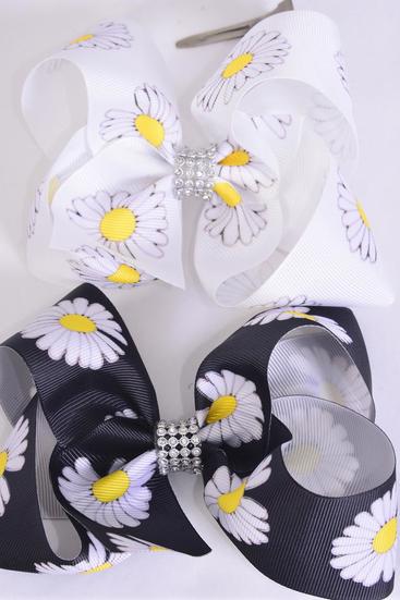 Hair Bow Jumbo Flower Daisy Black White Mix Grosgrain Bow-tie/DZ **Alligator Clip** Size-6"x 5" Wide,6 Of Each Pattern Asst,Clip Strip & UPC Code