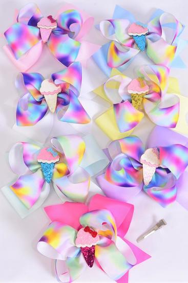 Hair Bow Jumbo Double Layered Ice Cream Cone Grosgrain Bow-tie Pastel / 12 pcs Bow  = Dozen Alligator Clip , Size - 6" x 5", 2 White , 2 Baby Pink , 2 Lavender , 2 Hot Pink , 2 Mint Green , 1 Blue , 1 Yellow Color Asst , Clip Strip & UPC Code