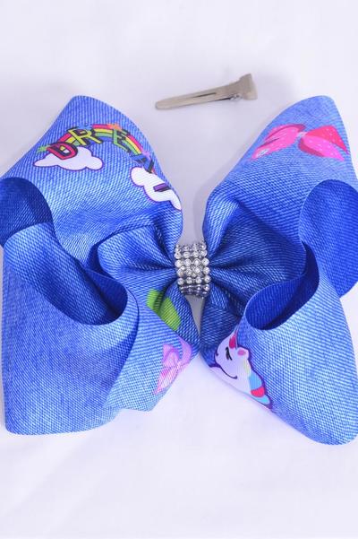 Hair Bow Jumbo Denim Print Unicorn Bowtie Dream Grosgrain Bow-tie / 12 pcs Bow = Dozen Alligator Clip , Size - 6" x 5" Wide , Clip Strip & UPC Code