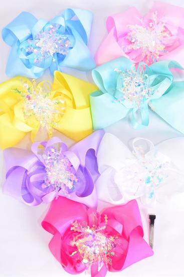 Hair Bow Jumbo Iridescent Grosgrain Bow-tie Pastel / 12 pcs Bow = Dozen Alligator Clip , Size - 6" x 5" Wide , 2 White , 2 Baby Pink , 2 Lavender , 2 Blue , 2 Yellow , 1 Hot Pink , 1 Mint Green Asst , Clip Strip & UPC Code