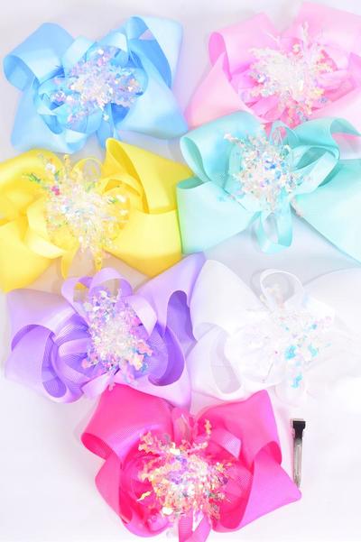 Hair Bow Jumbo Iridescent Grosgrain Bow-tie Pastel / 12 pcs Bow = Dozen Alligator Clip , Size - 6" x 5" Wide , 2 White , 2 Baby Pink , 2 Lavender , 2 Blue , 2 Yellow , 1 Hot Pink , 1 Mint Green Asst , Clip Strip & UPC Code