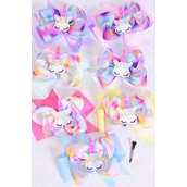 Hair Bow Jumbo Double Layered Bowtie Center Unicorn Charm  Grosgrain Bow-tie Pastel/DZ **Pastel** Alligator Clip,Size-6"x 6" Wide,2 White,2 Pink,1 Blue,1 Yellow,2 Lavender,2 Hot Pink,2 Mint Green,7 Color Asst,Clip Strip & UPC Code