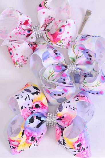 Hair Bow Jumbo Owl Zebra Koala Bear Pattern Mix Grosgrain Bow-tie / 12 pcs Bow = Dozen Alligator Clip , Size - 6" x 5" Wide , 4 Of Each Pattern Asst , Clip Strip & UPC Code