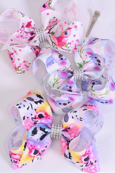 Hair Bow Jumbo Owl Zebra Koala Bear Pattern Mix Grosgrain Bow-tie / 12 pcs Bow = Dozen Alligator Clip , Size - 6" x 5" Wide , 4 Of Each Pattern Asst , Clip Strip & UPC Code