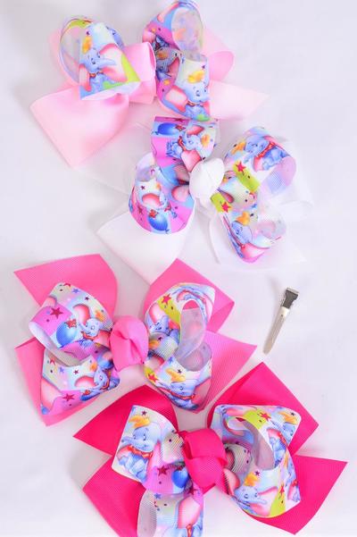 Hair Bow Jumbo Double Layered Balloons & Elephant Pink Mix Grosgrain Bow-tie/DZ Alligator Clip,Pink Mix,Size-6"x 5" Wide,3 of each Design Asst,Clip Strip & UPC Code