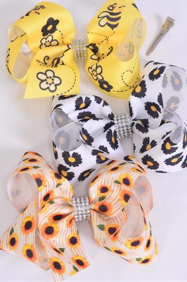 Hair Bow Jumbo Sunflower Honey Bee Daisy Flower Mix Grosgrain Bow-tie / 12 pcs Bow = Dozen  Alligator Clip , Size - 6" x 5" Wide , 4 Of Each Pattern Asst , Clip Strip and UPC Code