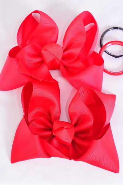 Hair Bow Extra Jumbo Cheer Type Bow Red mix Elastic Pony Grosgrain Bow-tie / 12 pcs Bow = Dozen Elastic Pony , Size - 8" x 7" Wide , 6 Red , 6 Poppy Red Asst , Clip Strip & UPC Code