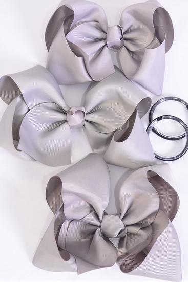 Hair Bow Extra Jumbo Cheer Type Bow Elastic Pony Gray Mix Grosgrain Bow-tie / 12 pcs Bow = Dozen12 pcs Bow = Dozen Elastic Pony , Size - 8" x 7", 4 Shell Gray , 4 Gray , 4 Metal Gray Color Asst , Clip Strip & UPC Code
