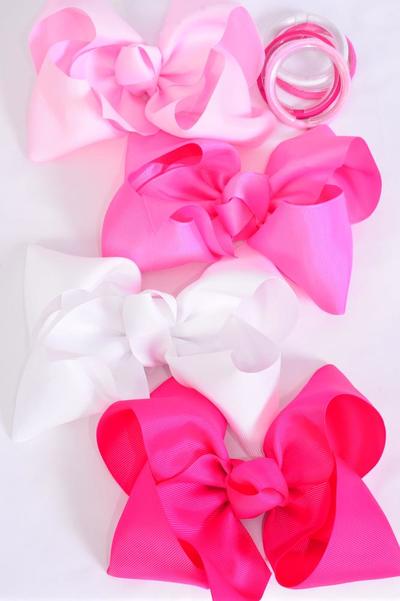 Hair Bow Extra Jumbo Cheer Type Bow Pink Mix Elastic Pony Grosgrain Bow-tie /12 pcs Bow = Dozen  Elastic Pony , Size-8"x 7" , 3 Hot Pink , 3 Baby Pink , 3 White , 3 Fuchsia Mix , Clip Strip & UPC Code