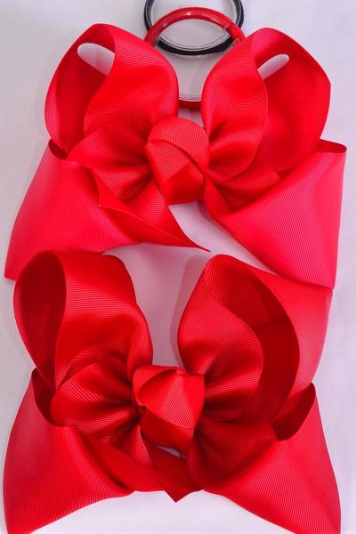 Hair Bow Extra Jumbo Cheer Type Bow Red mix Elastic Pony Grosgrain Bow-tie /12 pcs Bow = Dozen Elastic Pony , Size-8"x 7" Wide , 6 Red, 6 Poppy Red Asst , Clip Strip & UPC Code