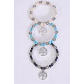 Bracelet Semiprecious Stone Tree of Life Charm Stretch/DZ **Stretch**  Black,4 Ivory,4 Turquoise Color Asst,Hang Tag & Opp Bag & UPC Code