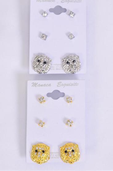 Earrings 3 Pair Metal Lions & Rhinestone Studs / 36 pair = Dozen  Post , 6 Gold , 6 Silver Mix , Earring Card & OPP Bag & UPC Code , 3 pair per Card , 12 Card= Dozen