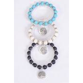 Bracelet 10 mm Semiprecious Stone Silver Tree of Life Charm/DZ **Stretch** 4 Black,4 Ivory,4 Turquoise Asst,Hang Tag &amp; OPP Bag &amp; UPC Code
