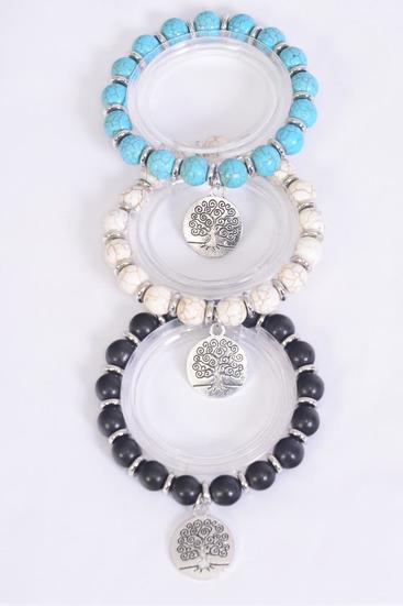 Bracelet 10 mm Semiprecious Stone Silver Tree of Life Charm/DZ **Stretch** 4 Black,4 Ivory,4 Turquoise Asst,Hang Tag & OPP Bag & UPC Code