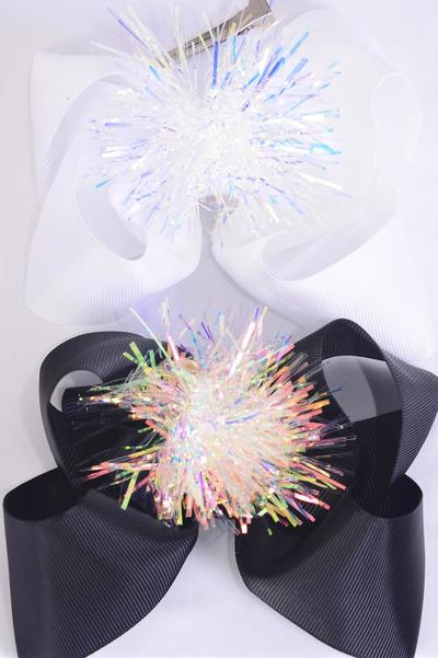 Hair Bow Jumbo Pom Pom Iridescent Grosgrain Bow-tie Black & White Mix/DZ **Black & White** Alligator Clip,Size-6"x 6" Wide,6 Black,6 White Color Asst,Clip Strip & UPC Code