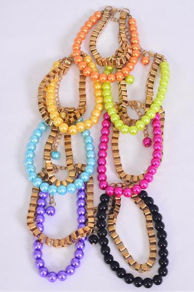 Bracelet 8 mm Glass Pearl & chain Mix Multi/DZ **Adjustable Length** 2 Black,2 Blue,2 Fuchsia,2 Purple 2 Orange,1 Lime,1 Yellow Mix,Hang Tag & OPP bag & UPC Code