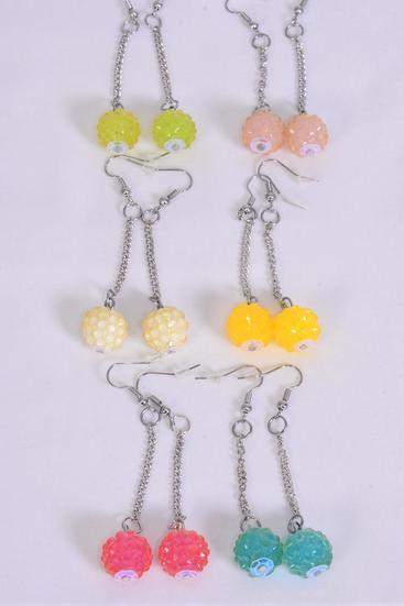 Earrings Poly 14 mm Tiffany Ball Candy Color Mix / 12 pair = Dozen Fish Hook , Size - 2" Long , 2 of each Color Asst , Earring Card & Opp Bag & UPC Code