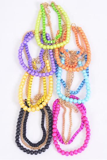 Bracelet 8 mm Glass Pearl w Chain Mix Multi / 12 pcs = Dozen Adjustable Length , 2 Black , 2 Blue , 2 Fuchsia , 2 Purple , 2 Orange , 1 Lime , 1 Yellow Color Mix , Hang Tag & OPP bag & UPC Code 