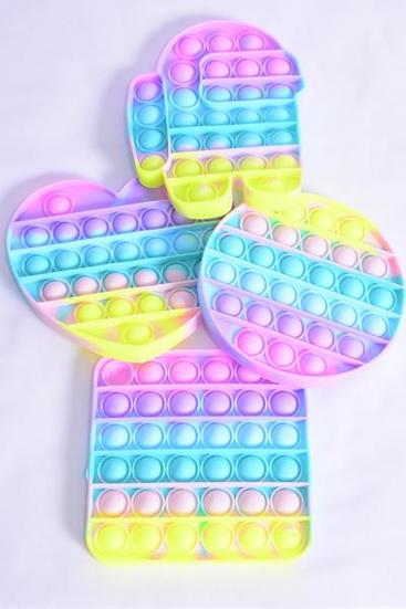 Push Pop Fidget Autism Silicone Gradient Tiedye Pastel Mix Shape / 12 pcs = Dozen Push Pop , 3 Round , 3 Robot , 3 Aquare , 3 Heart Pattern Asst , Individual OPP Bag & UPC Code