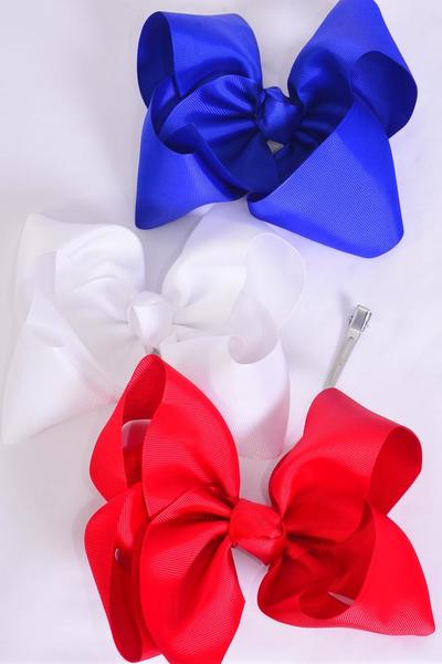 Hair Bow Jumbo 4th of July Patriotic Red White  Royal Blue Mix Grosgrain Bow-tie / 12 pcs Bow = Dozen Alligator Clip , Size - 6" x 5" Wide , 4 of each Pattern Asst , Clip Strip & UPC Code