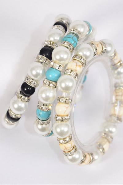 Bracelet 10 mm Glass Pearl and 8 mm Semiprecious Stone Stretch / 12 pcs = Dozen Stretch , 4 Black , 4 Ivory , 4 Turquoise Color Asst , Hang Tag & Opp Bag & UPC Code 