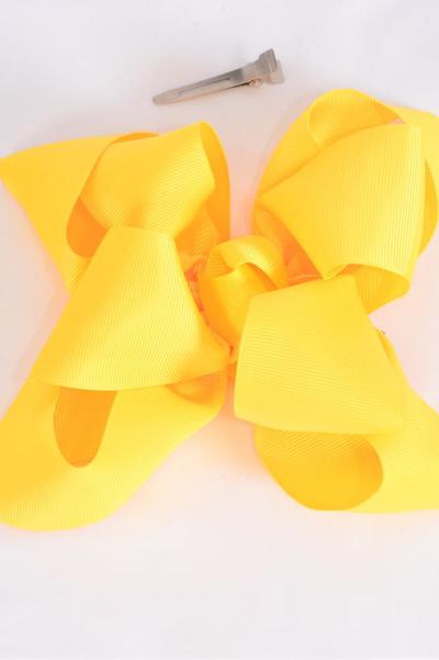 Hair Bow Cheer type Bow Double Layered Yellow Grosgrain Bow-tie / 12 pcs Bow = Dozen Yellow , Alligator Clip , Size - 6.5" x 6.5" Wide , Clip Strip & UPC Code