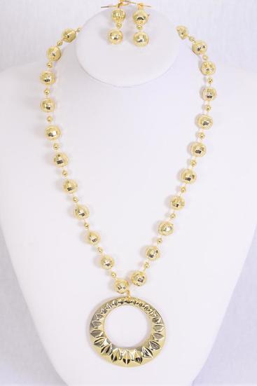 Necklace Sets Poly Round Pendant Gold/DZ **Gold** 20" Long,Pendant Size-2" Wide,Hang Tag & OPP Bag & UPC Code -