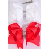 Hair Bow Jumbo Double Layered Center Clear Stones Grosgrain Bow-tie Red & White/DZ **Red & White** Alligator Clip, Size-6"x 6" Wide,6 of each Pattern Asst,Clip Strip & UPC Code
