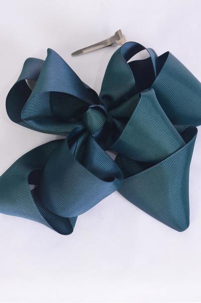 Hair Bow Extra Jumbo Cheer Bow Type Double Layered Hunter Green Grosgrain Bow-tie / 12 pcs Bow = Dozen Alligator Clip , Size - 6.5" x 6.5" Wide , Clip Strip & UPC Code