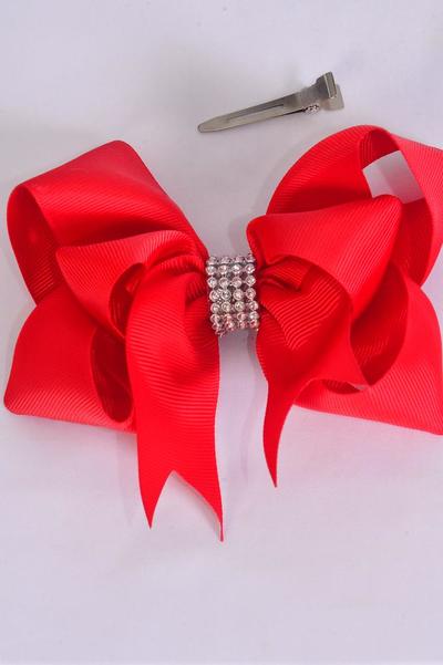 Hair Bow Jumbo Double Layered Red Grosgrain Bow-tie/DZ **Red** Alligator Clip,Size-6"x 6" Wide,Clip Strip & UPC Code