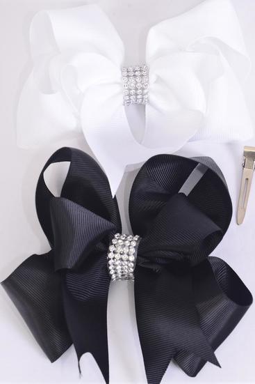 Hair Bow Jumbo Double Layered Center Clear Stones Grosgrain Bow-tie Black White Mix / 12 pcs Bow = Dozen Alligator Clip , Size - 6" x 5" Wide , 6 Black , 6 White Color Asst , Clip Strip & UPC Code