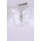 Hair Bow Jumbo Double Layered White Grosgrain Bow-tie/DZ **White** Alligator Clip,Size-6"x 6" Wide,Clip Strip & UPC Code