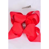 Hair Bow Jumbo Windmill Cheer Bow Type Center Clear Stones Double Layer Red Grosgrain Bow-tie/DZ **Red** Alligator Clip,Size-6.5&quot;x 6.5&quot; Wide,Clip Strip &amp; UPC Code